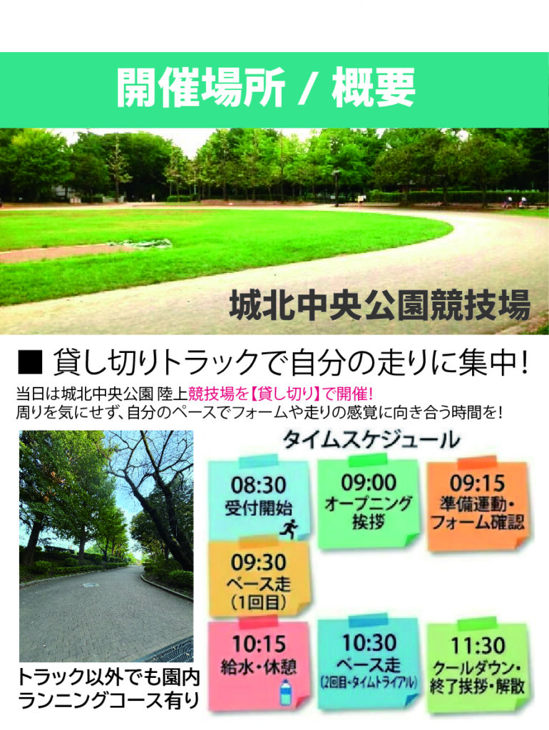 ランニングイベントが行われる表北中央公園と、当日のスケジュール。400メートルトラックの画像と、ランニングコースの画像